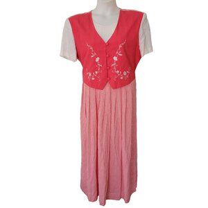 Red Embroidered Maxi Dress with Gingham Skirt